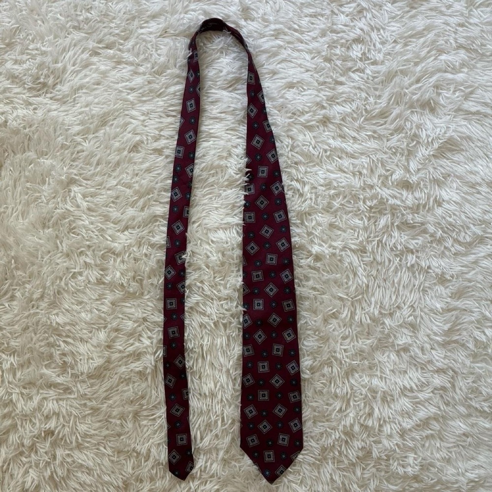 Vintage 80s 90s Christian Dior burgundy tie repeating geometric diamond pattern